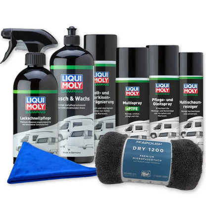 Camping Sparset: Multispray + Multischaumreiniger + Lackschnellpflege + Wasch & Wachs + Pflege-& Gleitspray + Zelt-& Markisenimprägnierung + SEAPOLISH DRY 1200 + SEAPOLISH Universal 400